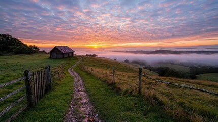 Obraz premium Wooden barn sits on a grassy hillside next to a dirt path leading towards a misty valley during a colorful sunrise.