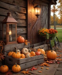 A wooden crate sits empty under a vintage lantern next to an old banjo placed near pumpkins and fallen leaves in front of a rustic barn , barn, rustic