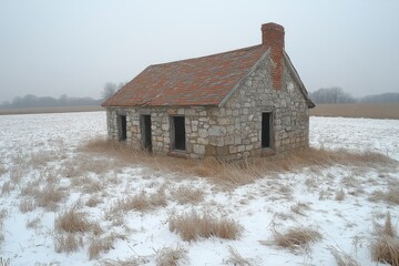 Stone House Winter Field Rural Landscape