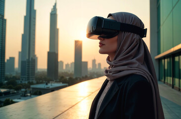 Arab woman in hijab looking at viar glasses with modern city background