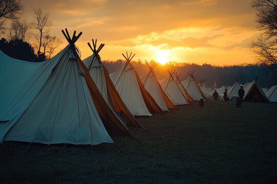 Teepees at Sunrise Golden Hour Campsite Scene