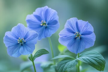 Three Delicate Light Blue Flowers Blossom Gracefully