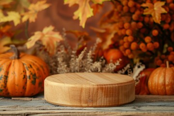 Rustic wooden display stand surrounded by autumn decorations
