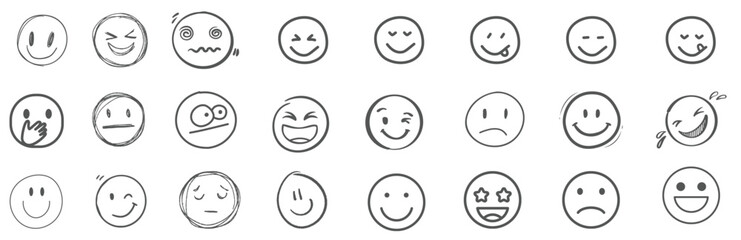 A set of 24 monochrome circular emoji icons displaying various facial expressions and emotions. Simple line-style illustrations include happy, sad, angry, surprised, love.
