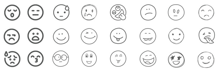 A set of 24 monochrome circular emoji icons displaying various facial expressions and emotions. Simple line-style illustrations include happy, sad, angry, surprised, love.