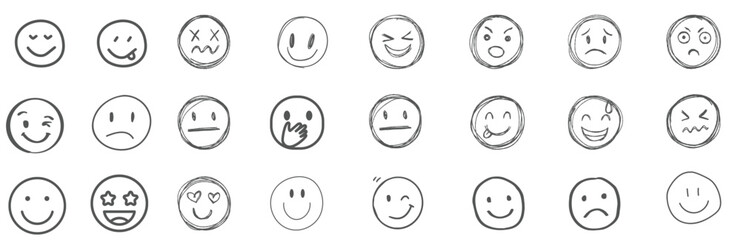 A set of 24 monochrome circular emoji icons displaying various facial expressions and emotions. Simple line-style illustrations include happy, sad, angry, surprised, love.