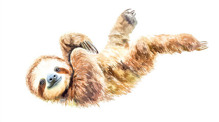 Obraz premium Sleepy sloth hanging upside down in a relaxed pose, watercolor clip art style, vector image, with a clean flat white background, cute, peaceful, nature-themed illustration