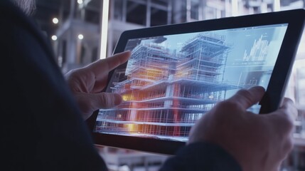 Construction professional using tablet to visualize building plans at construction site during the day