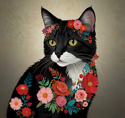 cat and flowers AI generative