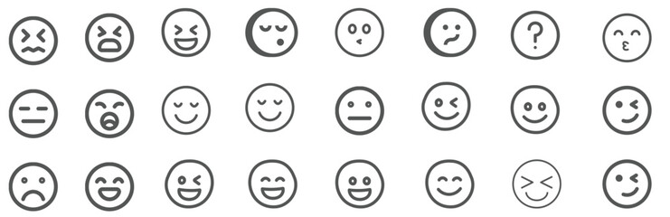 A set of 24 monochrome circular emoji icons displaying various facial expressions and emotions. Simple line-style illustrations include happy, sad, angry, surprised, love.