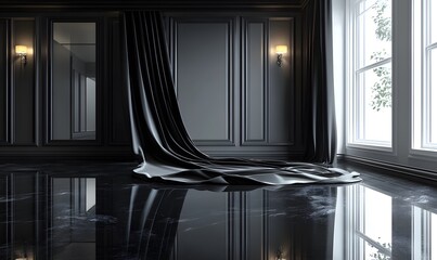 Elegant room with black wall panels and floor reflecting luxurious design elements