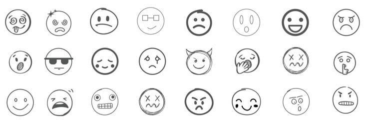 A set of 24 monochrome circular emoji icons displaying various facial expressions and emotions. Simple line-style illustrations include happy, sad, angry, surprised, love.