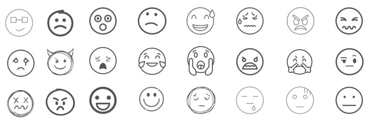 A set of 24 monochrome circular emoji icons displaying various facial expressions and emotions. Simple line-style illustrations include happy, sad, angry, surprised, love.