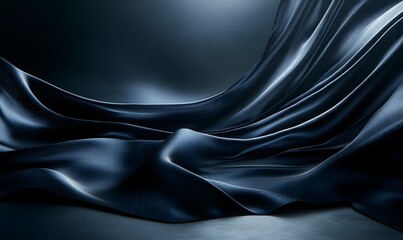 Elegant draped dark blue fabric with soft light and shadow creating smooth waves and curves