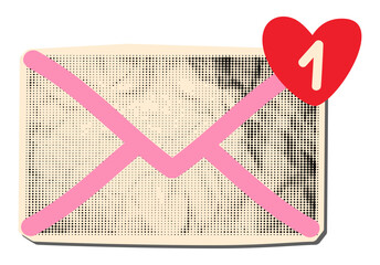 Love letter envelope halftone collage element. Clip art, cut out romantic email with new message notification. Crumpled paper texture and doodles. Modern retro mixed media vector illustration