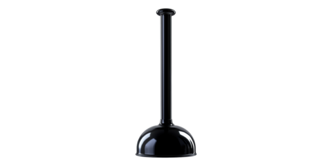 Black toilet plunger with long handle isolated on transparent background