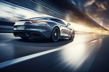 Accelerating Grey Car on Speed Road with Blurred Bokeh Background