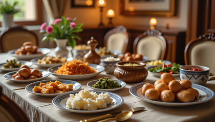 Elegant Ramadan Suhoor table with Middle Eastern dishes, warm ambiance