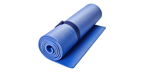 Blue rolled yoga mat with strap isolated on transparent background
