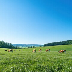 Fototapeta premium Cows grazing quietly in a vibrant green meadow under a clear blue sky in the countryside. Generative AI