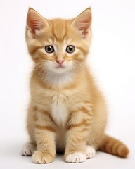 Obraz premium Adorable Young Ginger Kitten with Soft Fur Sitting on White Background, Paws Front View - Perfect Stock Image for Felino Lovers