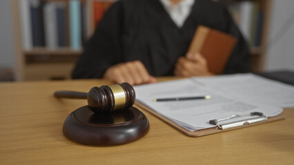 Judge in courtroom with gavel and documents on desk