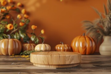 Autumn Harvest Display with Wooden Pedestal and Decorative Pumpkins