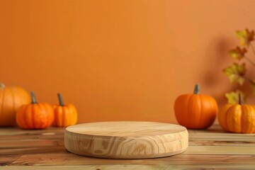 Autumnal Pumpkin Display on Wooden Table with Orange Background