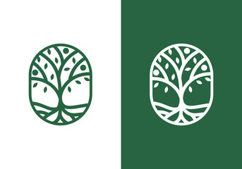 nature logo vector design template line art tree and human or person inside circle, abstract tree logo symbol inside circle