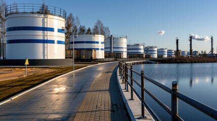 Obraz premium Rows of oil storage tanks with white and blue stripes are positioned near railway cars under a bright blue sky. The scene captures the industrial setting and transport readiness strikingly