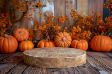 Rustic Wooden Stand Surrounded by Vibrant Pumpkins and Autumn Flowers