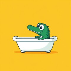 Happy crocodile taking a bath in a tub against yellow background; for children's books