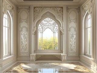 Obraz premium Elegant Room With Ornate Window And Seating