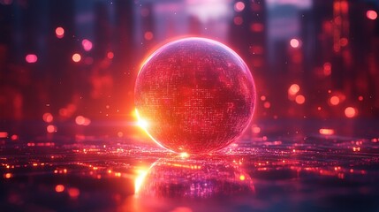 Fototapeta premium A glowing digital sphere surrounded by abstract geometric shapes, symbolizing the launch of a groundbreaking product in the tech world. 119