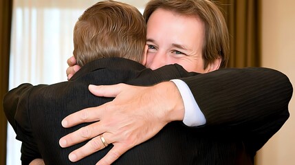 A parent hugging their child tightly, their warm, loving eyes gazing down with deep affection.