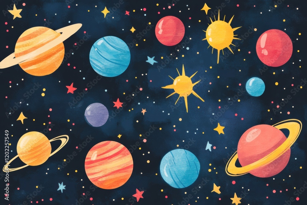 Poster vibrant galaxy print features colorful planets, stars, and nebulas in an imaginative cosmic design f