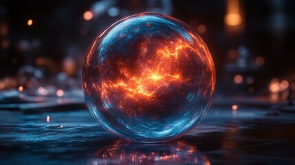 A glowing sphere with shifting patterns, representing the unveiling of a world-changing product with futuristic technology. 170