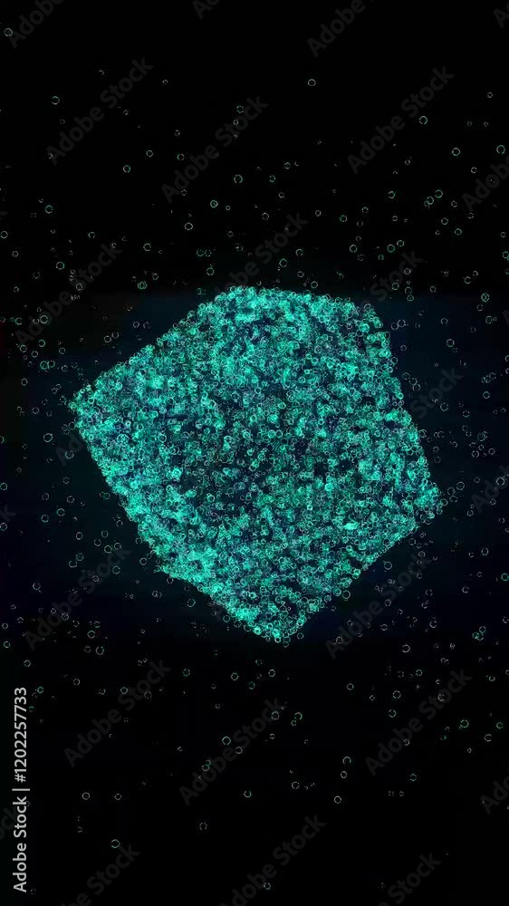 Poster Abstract 3D glowing turquoise cube composed of tiny particles, floating in space against a dark black background, evoking a futuristic and digital aesthetic. Vertical video animation