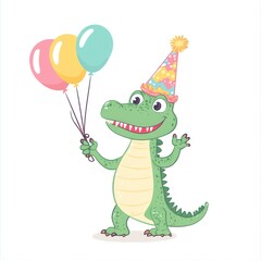 Fototapeta premium Cartoon alligator wears a party hat and holds balloons, isolated on a white background