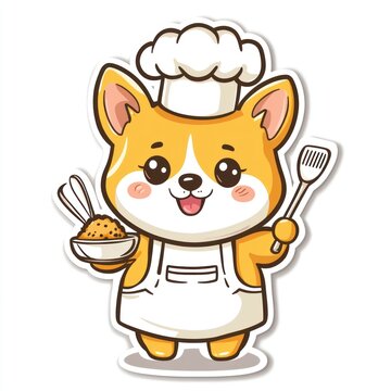 recommend clip art: Cute chef corgi cooking food; kitchen background; recipe illustration
