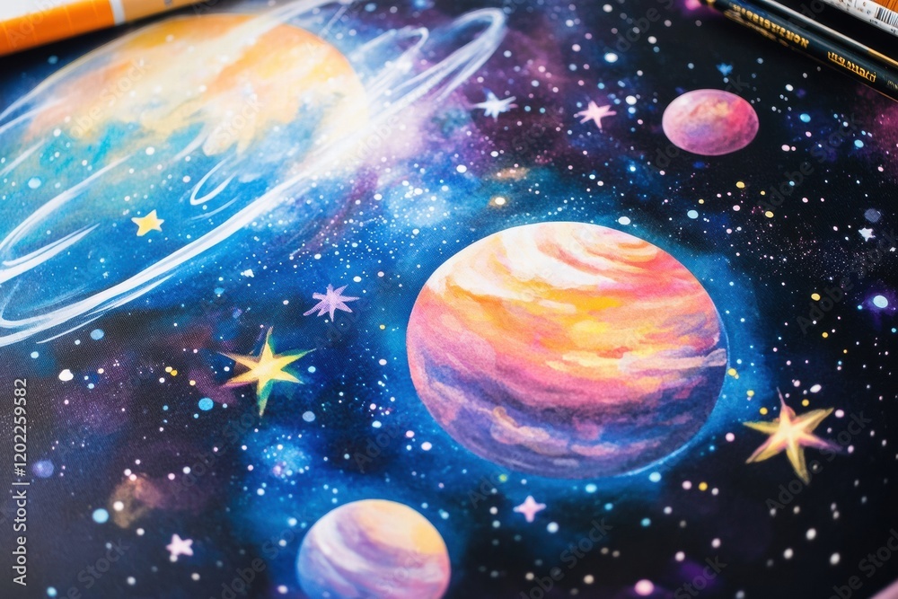 Poster galaxy print showcasing vibrant planets and luminous stars in a cosmic backdrop of nebulas and swirl