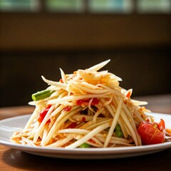 Somtam is Papaya Salad Thai. Made from chopped papaya. mixed with raw shrimp, Thai style, isolated on white background, papaya spicy salad - somtam - Thai traditional street food style
