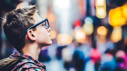 A teenager on a bustling city street, their ambitious eyes taking in the vibrant opportunities around them.