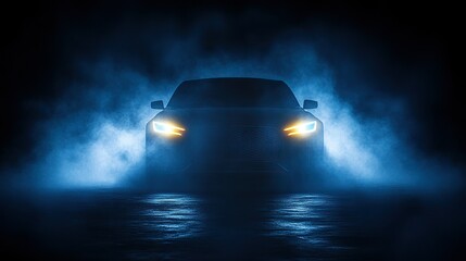 Car headlights illuminate smoky dark road at night