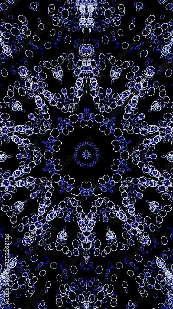 Poster hypnotic abstract kaleidoscope in circular symmetry against a black background. vertical video anima