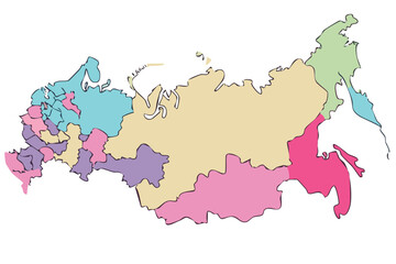 Obraz premium Detailed vector map of Russia with stylized colorful regional boundaries, showcasing administrative divisions and geographical layout.