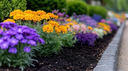 Obraz premium Colorful flowers blooming in garden bed, roadside background. Use Gardening, landscaping