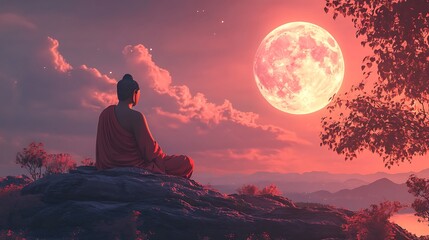 Gautama Buddha meditating on a hilltop with the full moon in the background, symbolizing enlightenment and spiritual guidance