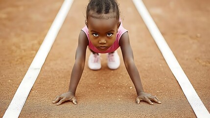 A young athlete standing at the starting line of a race, their bold, determined eyes focused ahead.