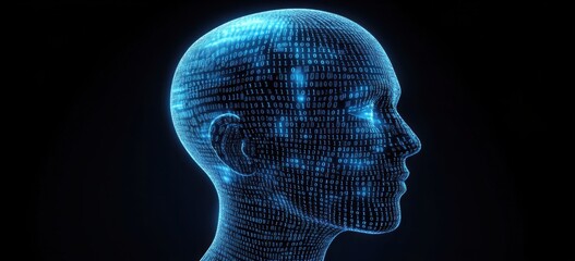 Obraz premium Artificial Intelligence concept with a blue, glowing digital human head profile and a binary code background Generative AI